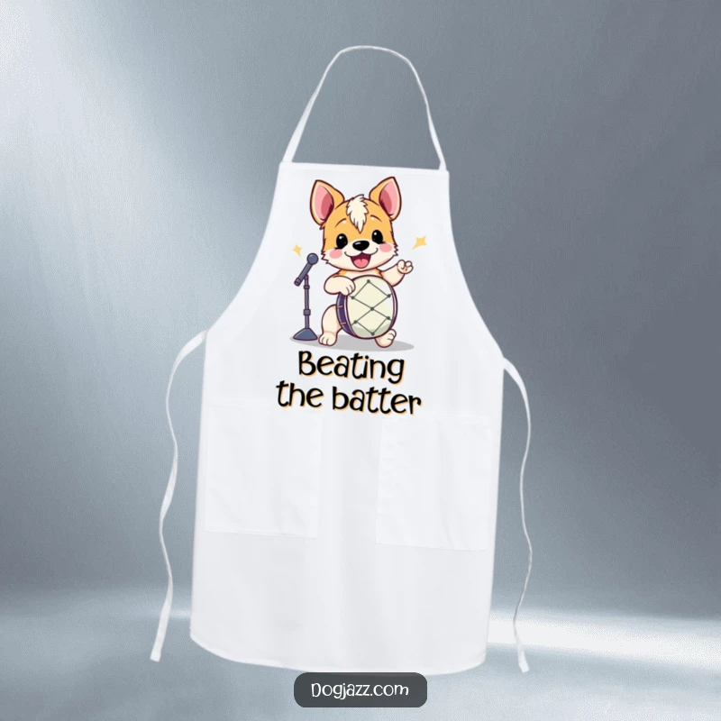 Funny Terrier Drummer Apron showing an energetic terrier playing drums, perfect for kitchen sessions with a beat.