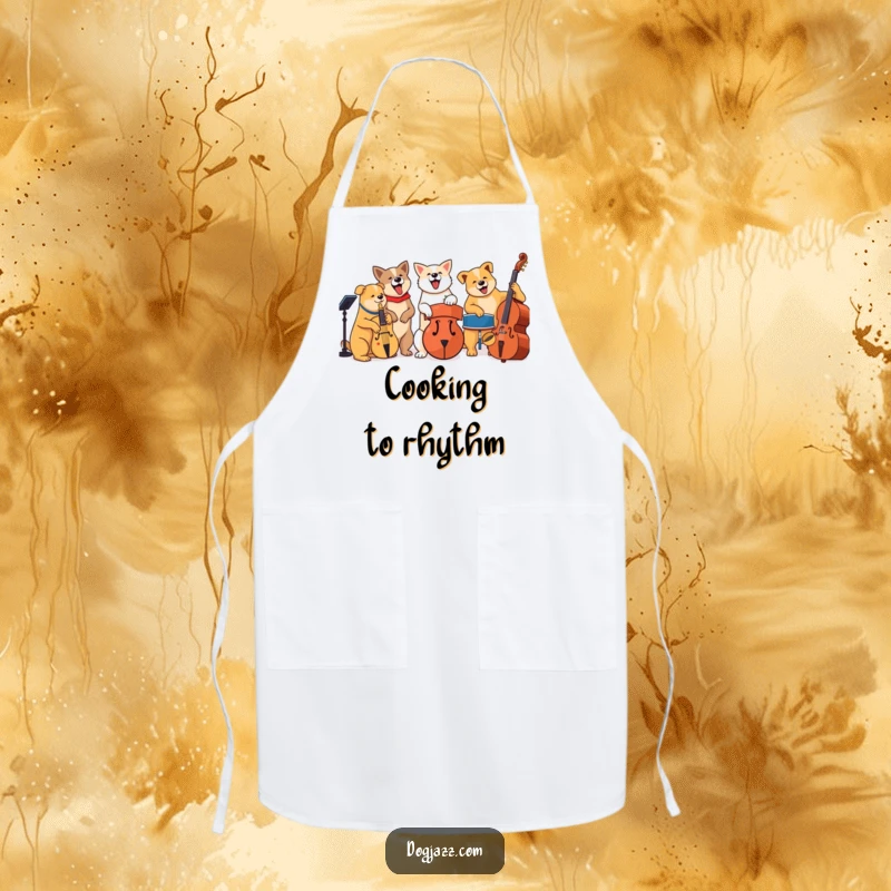 Funny dogs playing jazz instruments, humorous apron for kitchen musicians and dog lovers.