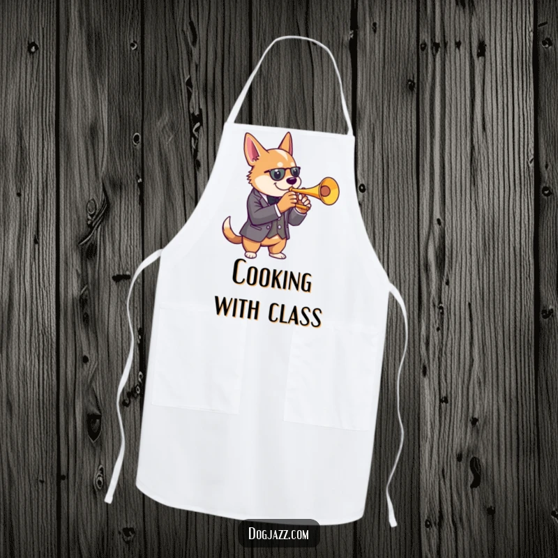 Funny dog trumpet apron with a dog in a suit playing jazz, keeping clothes clean while cooking or hosting.