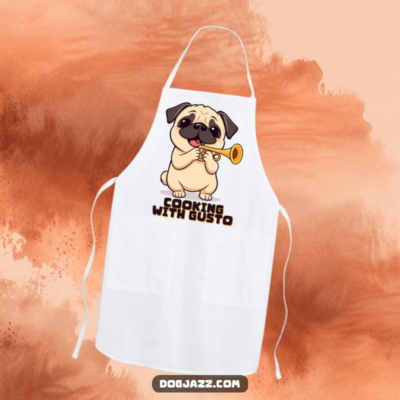 Funny pug playing a cheerful trumpet solo, a practical and humorous apron for cooking and baking adventures. Music and fun combined.