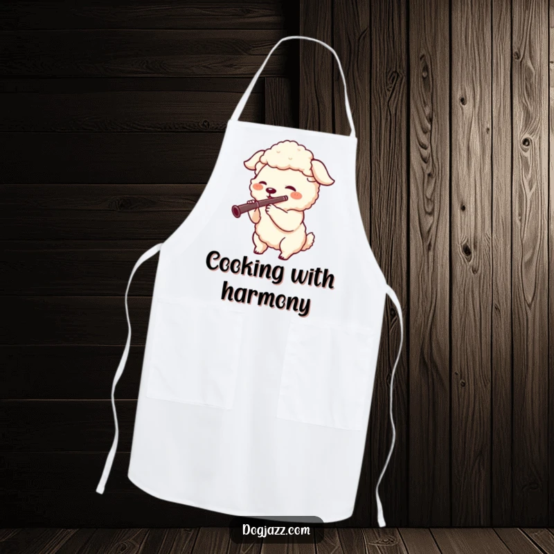 Funny apron design of a joyful sheepdog character playing a clarinet, ready to add some musical flair to culinary creations.