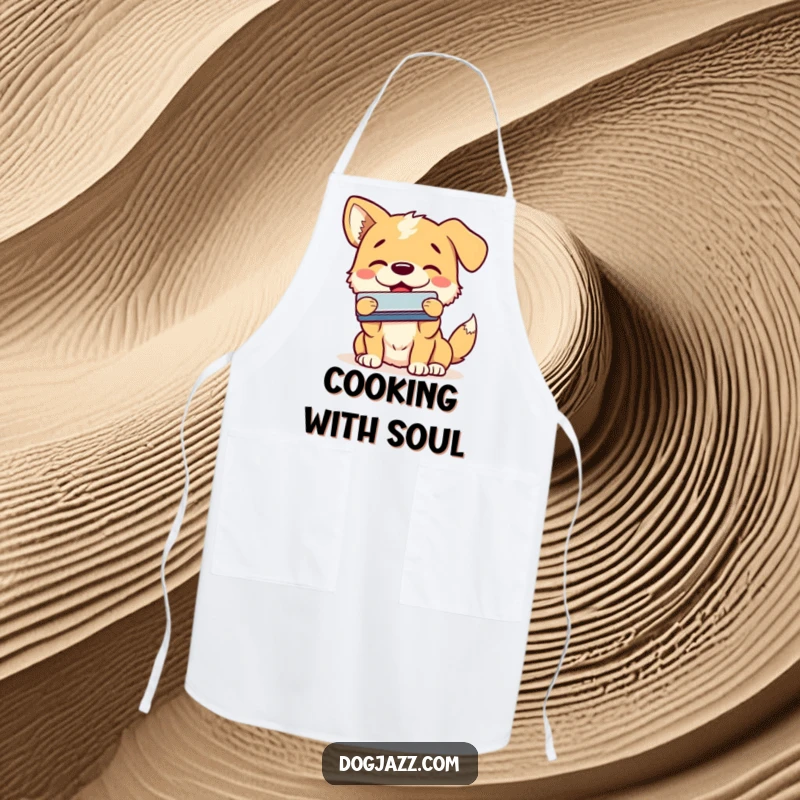 Funny dog apron with a happy dog enthusiastically playing the harmonica with a smile, bringing soulful flair to cooking.