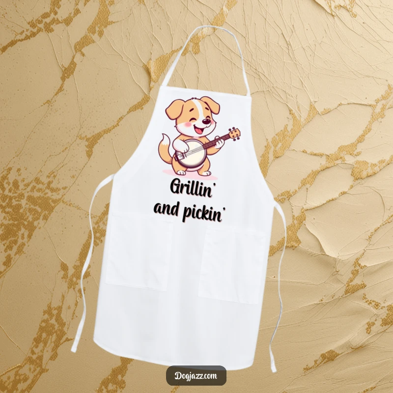 Funny apron with a happy cartoon dog playing the banjo, tail wagging, perfect for kitchen fun.