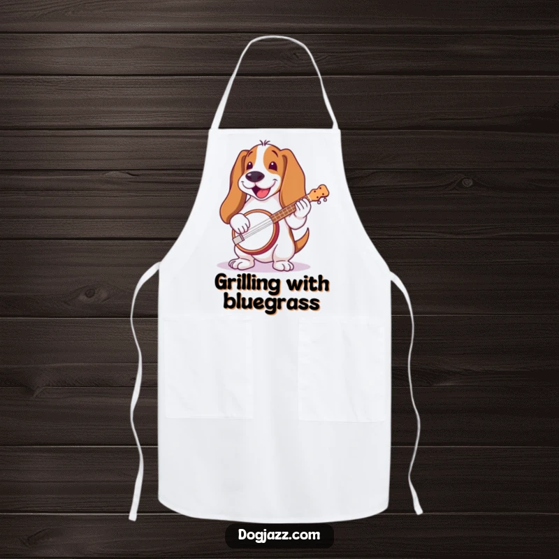 Funny Basset Hound Banjo Apron: A basset hound with long ears, joyfully playing a banjo, adding rustic fun to kitchen tasks.