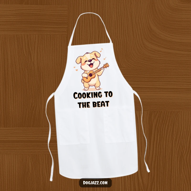 Funny apron with a dog character bopping its head to a cool jazz rhythm, kitchen humor.