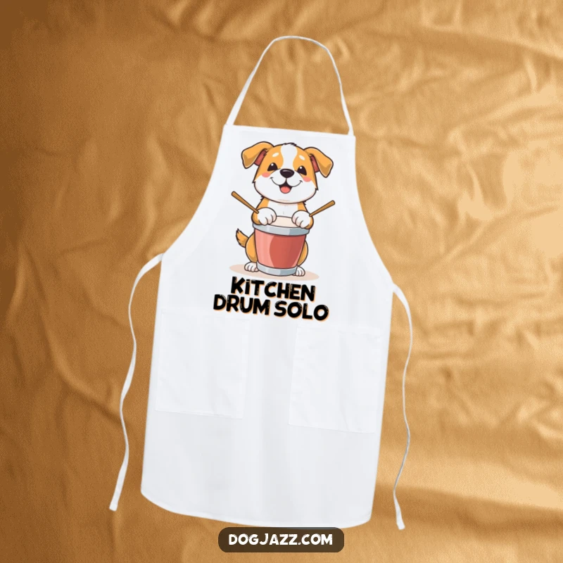 Funny Dog Apron: A dog enthusiastically plays drums while cooking, adding a musical, humorous touch to kitchen activities.