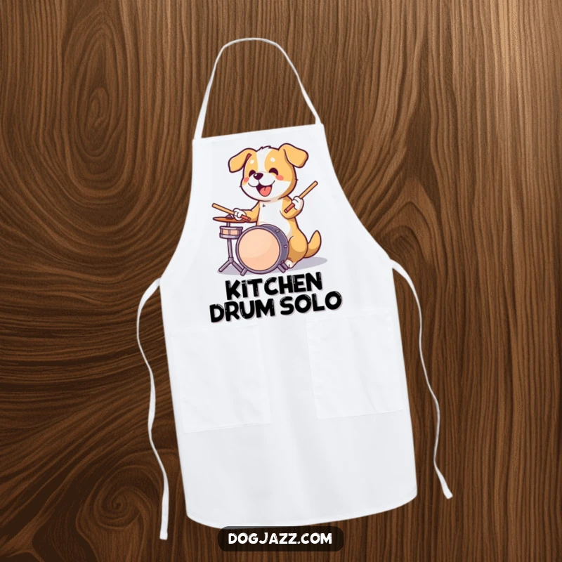 Funny dog energetically playing drums with sticks in paws, a culinary rockstar ready for kitchen jams on an apron.
