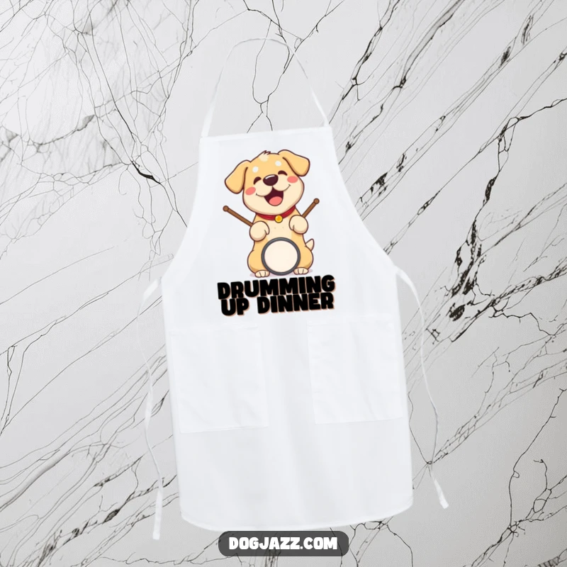 Funny dog apron showing a happy dog with drumsticks, ready to cook up a storm with musical flair.