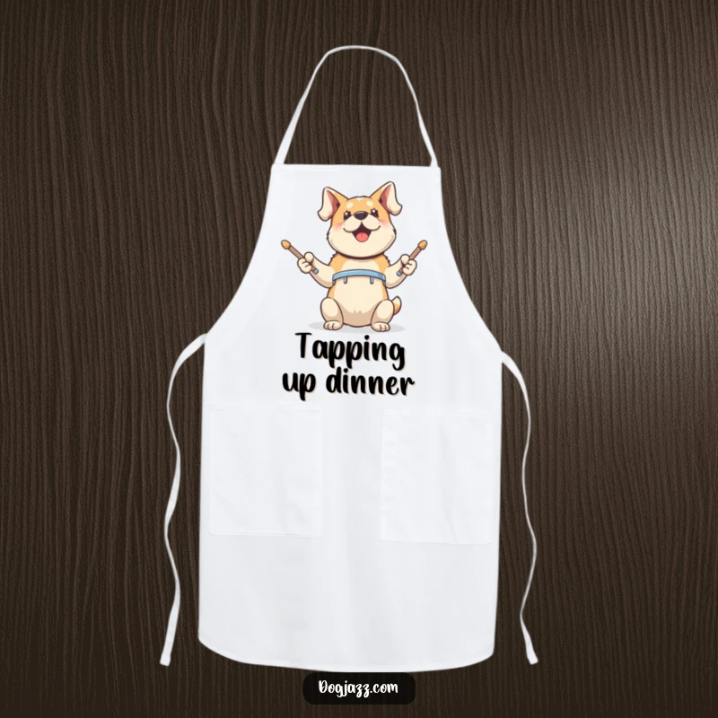 Funny Apron: an energetic dog tapping drumsticks, ready to add a rhythmic touch to any culinary creation.