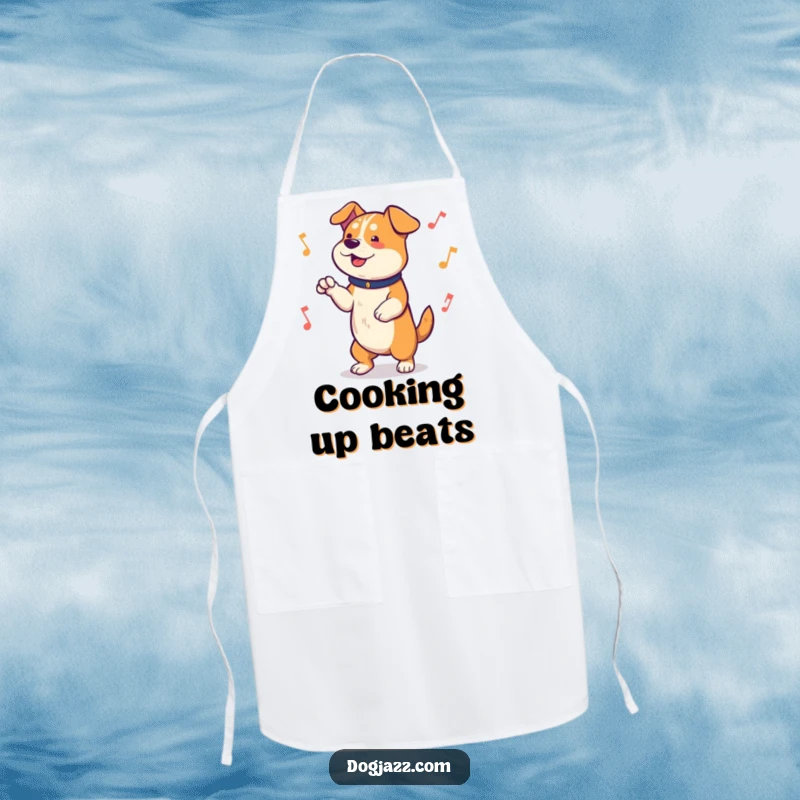 Funny Apron featuring a dog happily tapping its paws to a lively tune, designed for kitchen fun and musical cooks, a humorous cooking gift.