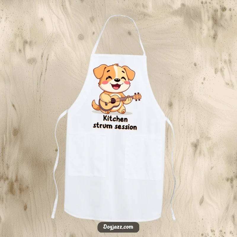 Funny dog happily strumming a ukulele with a smile, a musical chef ready to cook up a storm on an apron.