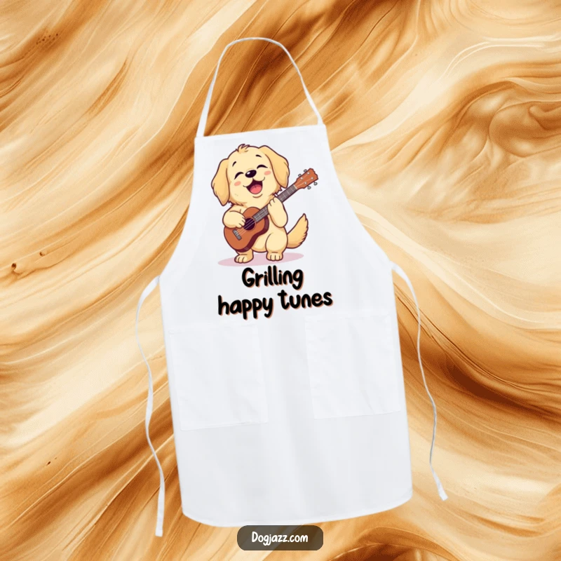 Funny golden retriever playing ukulele while cooking, looking happy, on a fun apron, a funny gift.