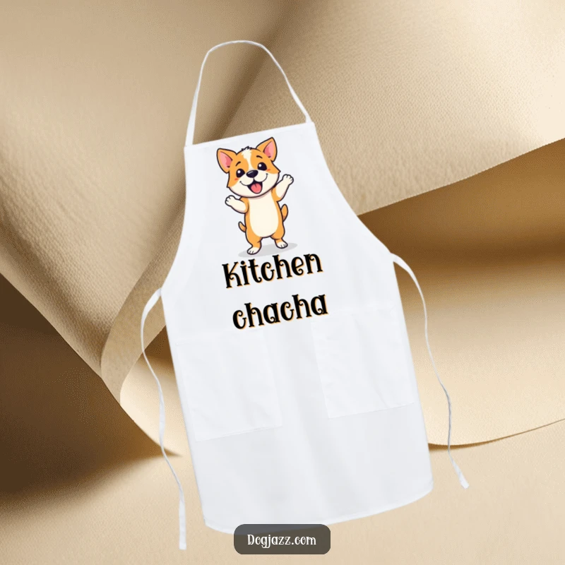 Funny Apron showcasing a dog performing a jazzy dance step, designed for kitchen fun and culinary artists who love to move.