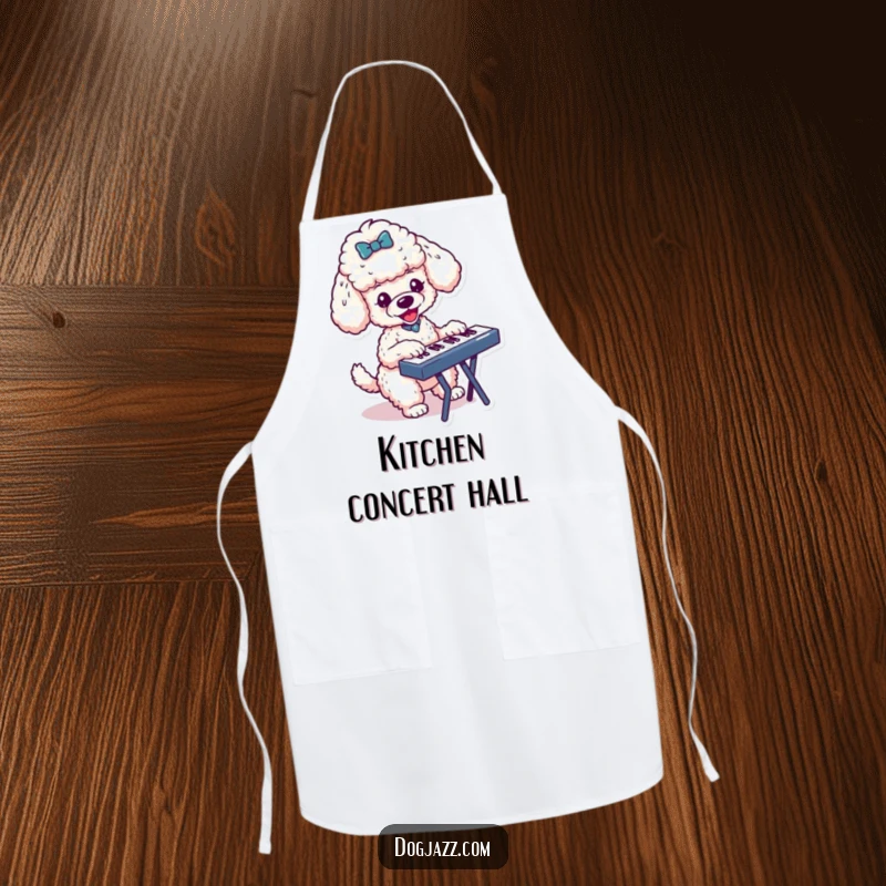 Funny apron showing an energetic poodle character playing a keyboard, perfect for the musical home chef or artist.