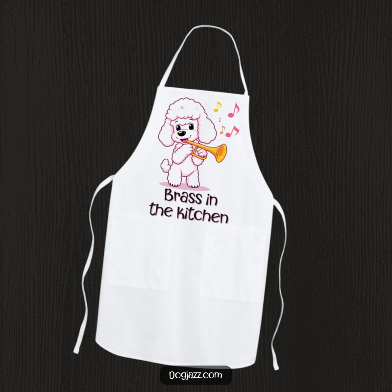 Funny poodle playing a trumpet while baking, looking elegant, on a chic apron, a funny gift.