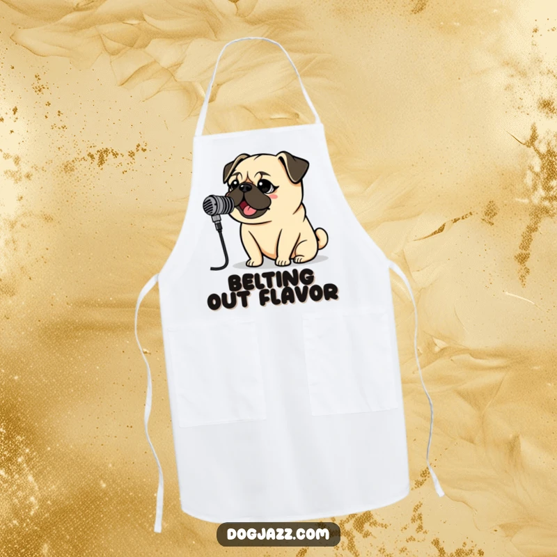 Funny Pug Rockstar Apron showing a pug singing into a vintage microphone, perfect for kitchen performances and culinary concerts.