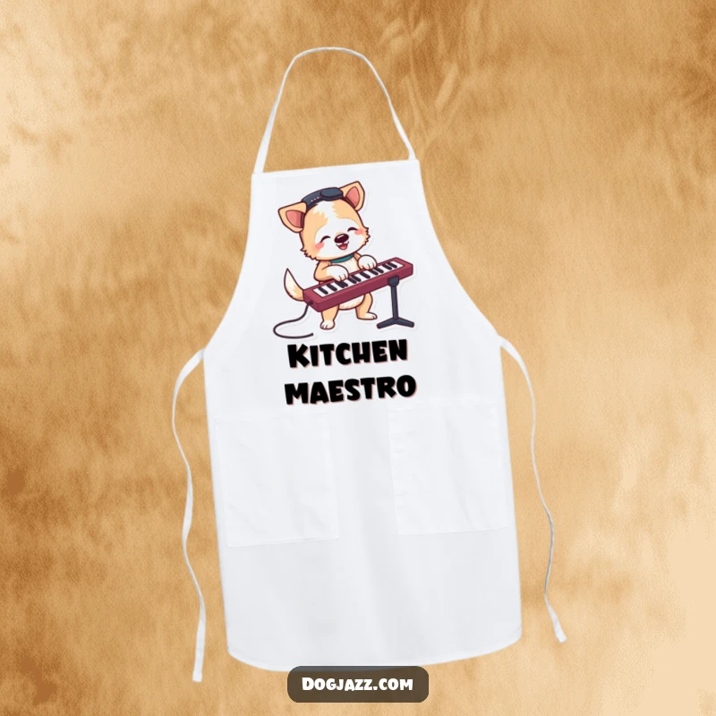 Funny terrier character jamming on a keyboard with a wagging tail, a humorous and functional apron.
