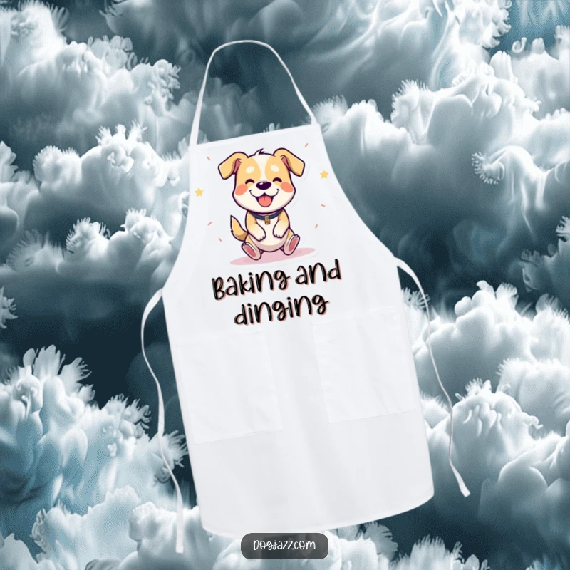 Funny apron with a cheerful cartoon dog happily bouncing and playing the triangle, perfect for kitchen fun.