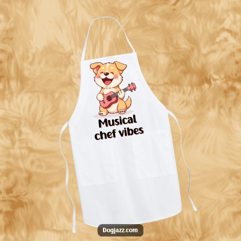 Funny dog apron featuring a happy dog strumming a ukulele while cooking with a smile.