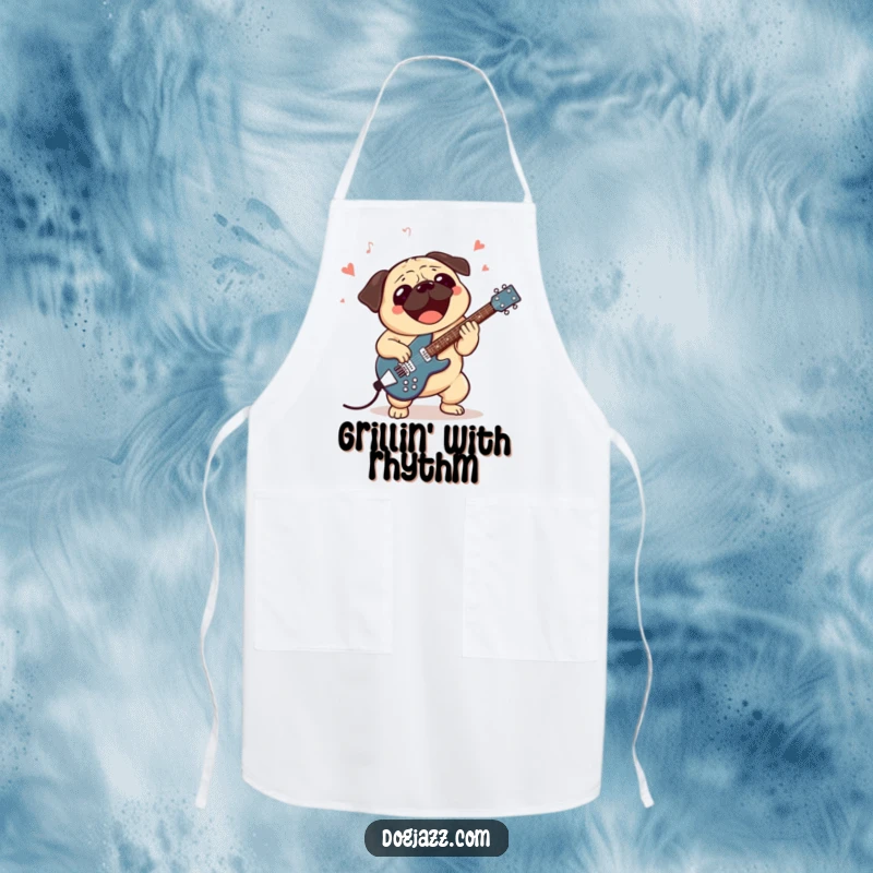 Funny apron design of an excited pug character playing a jazz guitar, ready to add some musical flair to culinary creations.