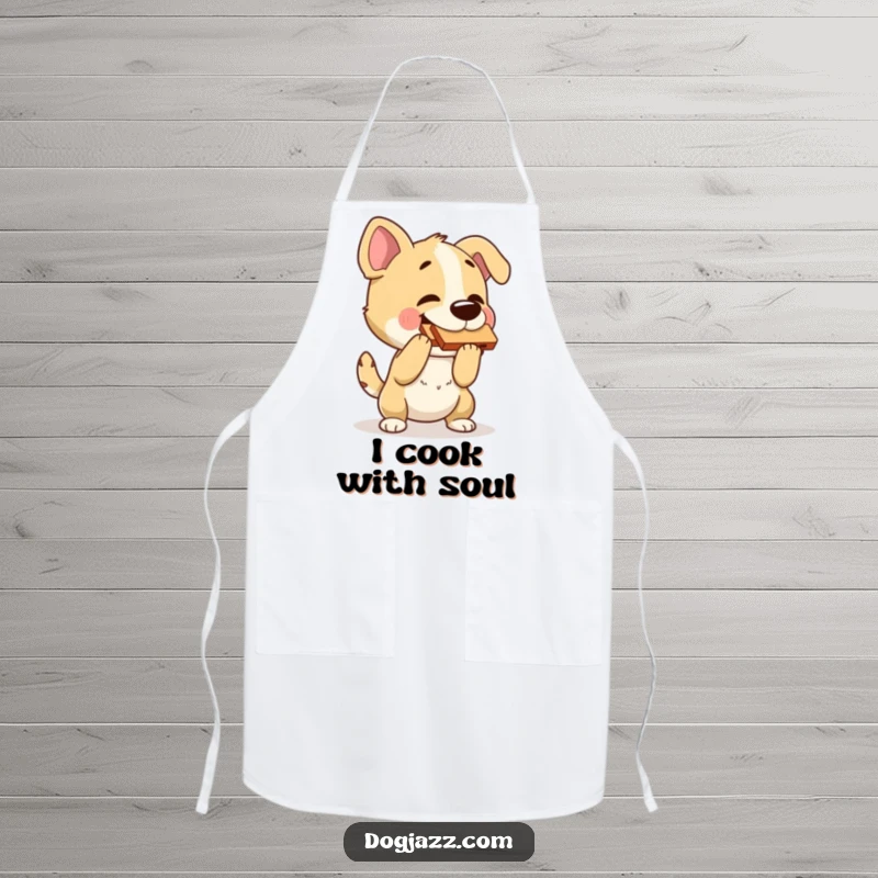 Funny dog apron for cooking, showing a dog playing a harmonica with a nodding head, adding musical humor to the kitchen.