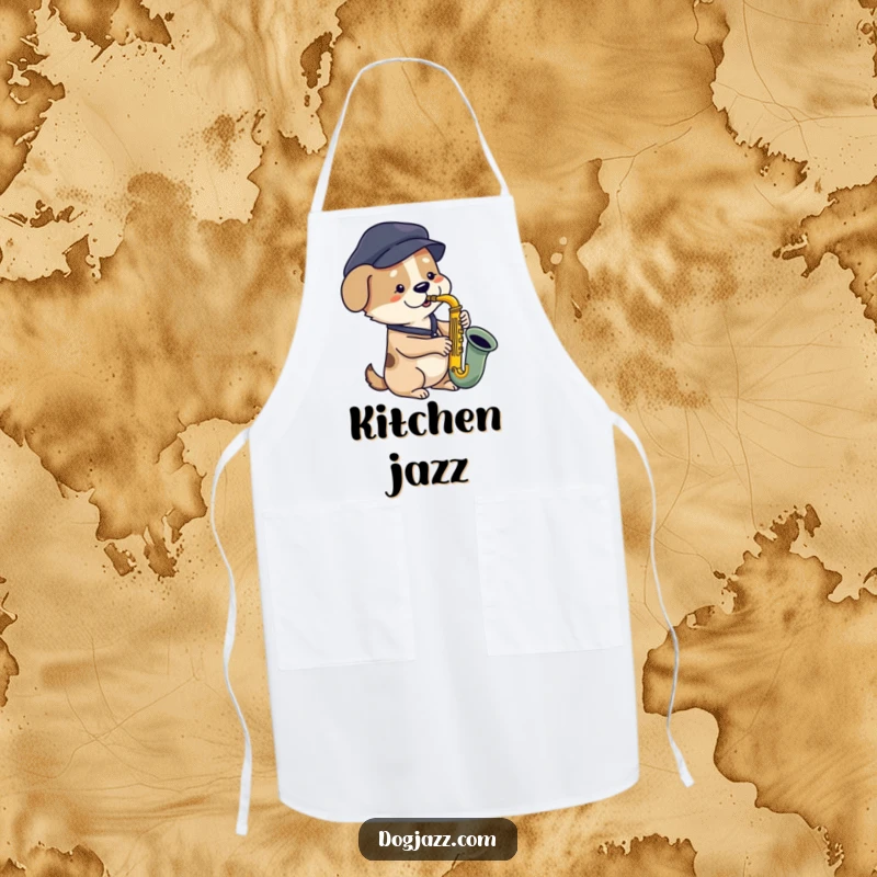 Funny dog saxophone apron with a dog in a beret playing jazz music, keeping clothes clean while cooking or baking.