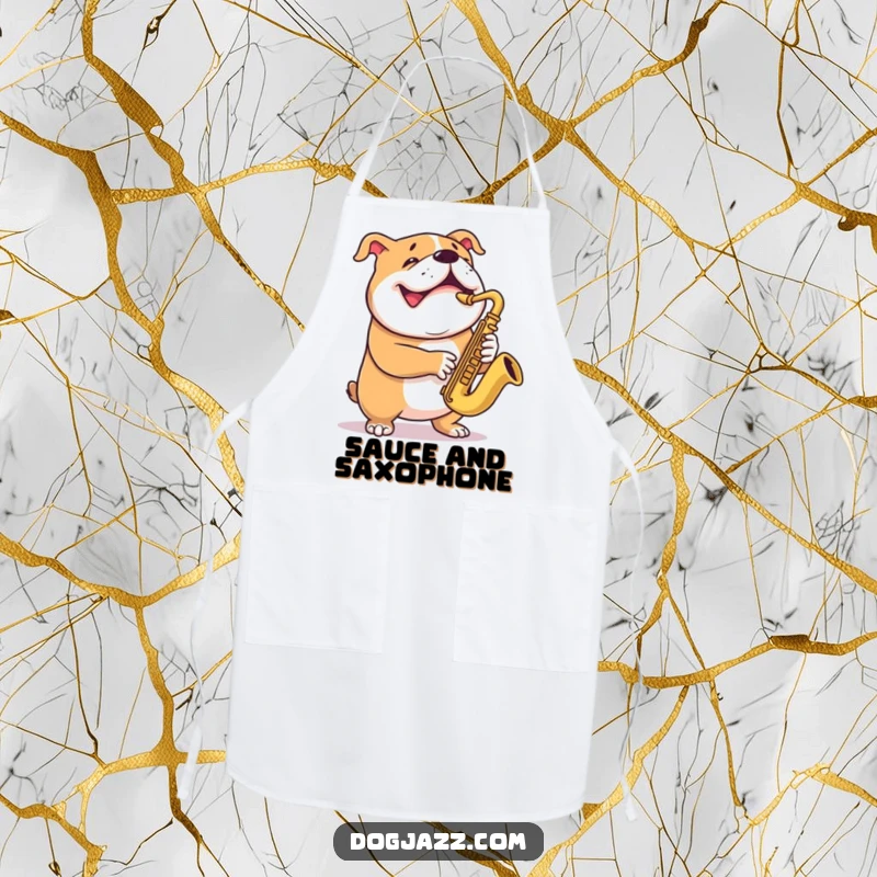 Funny bulldog apron featuring a grinning dog enthusiastically playing the saxophone while cooking up a storm.