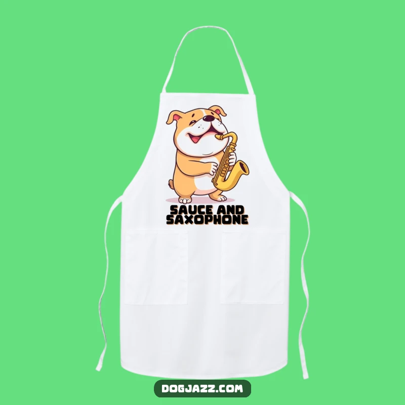 Funny Bulldog Saxophone Apron - Grinning Chef Dog for Humorous Kitchen Fun