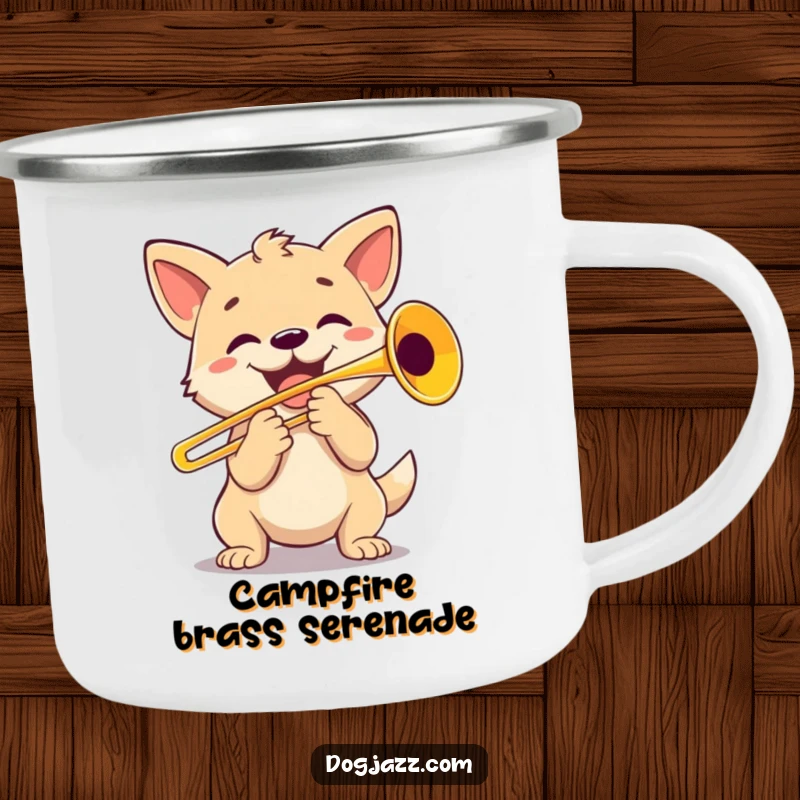 Funny Dog Trombone Player Camping Mug: A durable mug with a dog enthusiastically playing a trombone, ideal for musical outdoor adventures.
