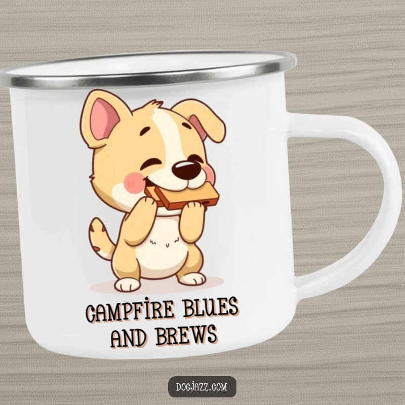 Funny dog camping mug with a dog playing a harmonica and bopping its head, perfect for outdoor drinks.