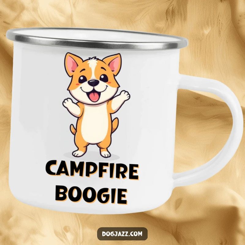 Funny Camping Mug featuring a dog performing a jazzy dance step, designed for outdoor enthusiasts who love rhythm and fun.