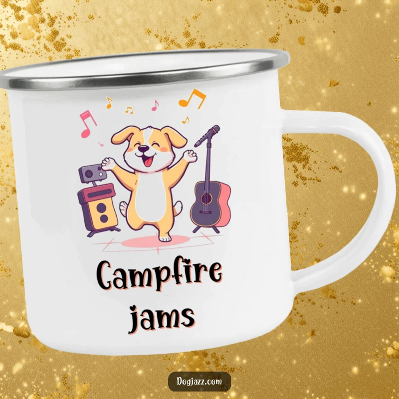 Funny dog dancing to jazz music, a durable and humorous camping mug.