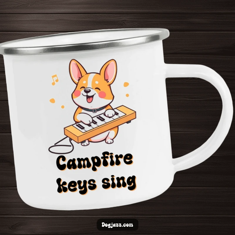 Funny Corgi camping mug showing a corgi typing on a keyboard, designed for outdoor fun and humorous moments.