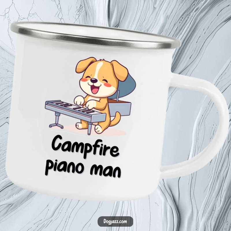 Funny dog playing piano on a camping mug, durable and humorous outdoor drinkware.