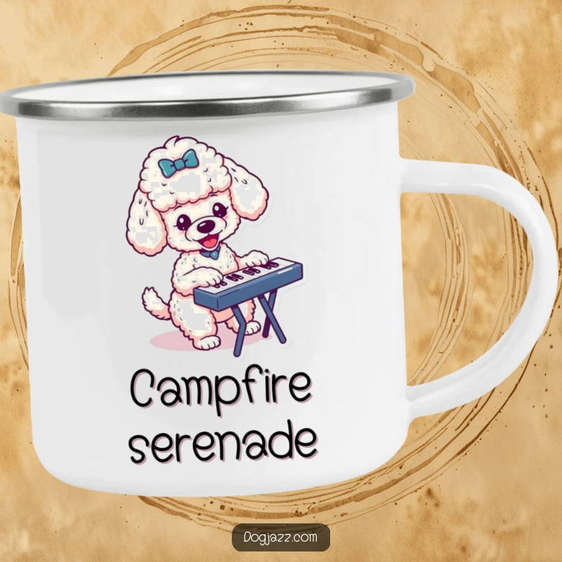 Funny camping mug showing an energetic poodle character playing a keyboard, ready for outdoor jams and coffee.