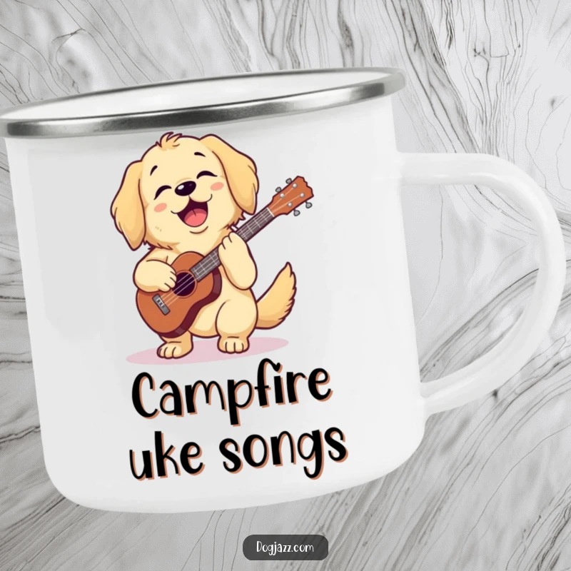 Funny golden retriever playing ukulele in a camping setting, on a durable mug, a perfect funny gift.