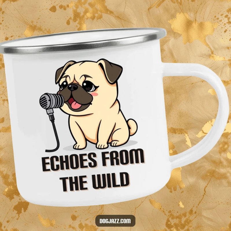 Funny Pug Rockstar Camping Mug with a pug singing into a vintage microphone, perfect for outdoor concerts and coffee.
