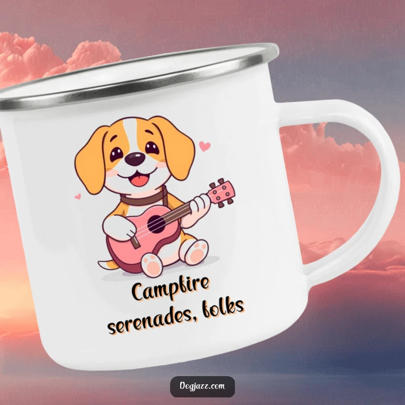 Funny beagle camping mug featuring a happy dog strumming a ukulele, perfect for enjoying the great outdoors.