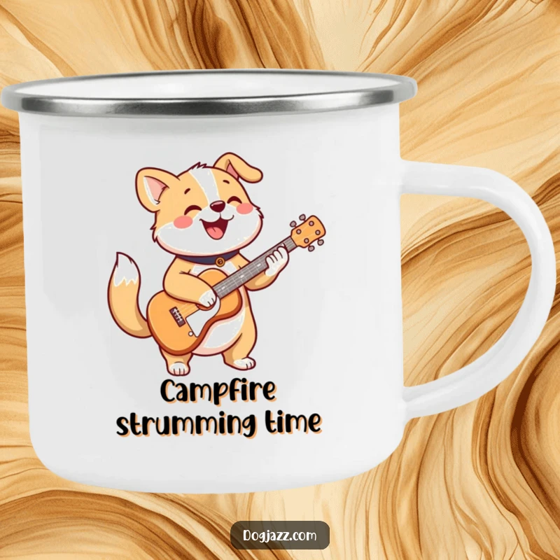 Funny camping mug with a cheerful dog character strumming a guitar with a wagging tail, outdoor humor.