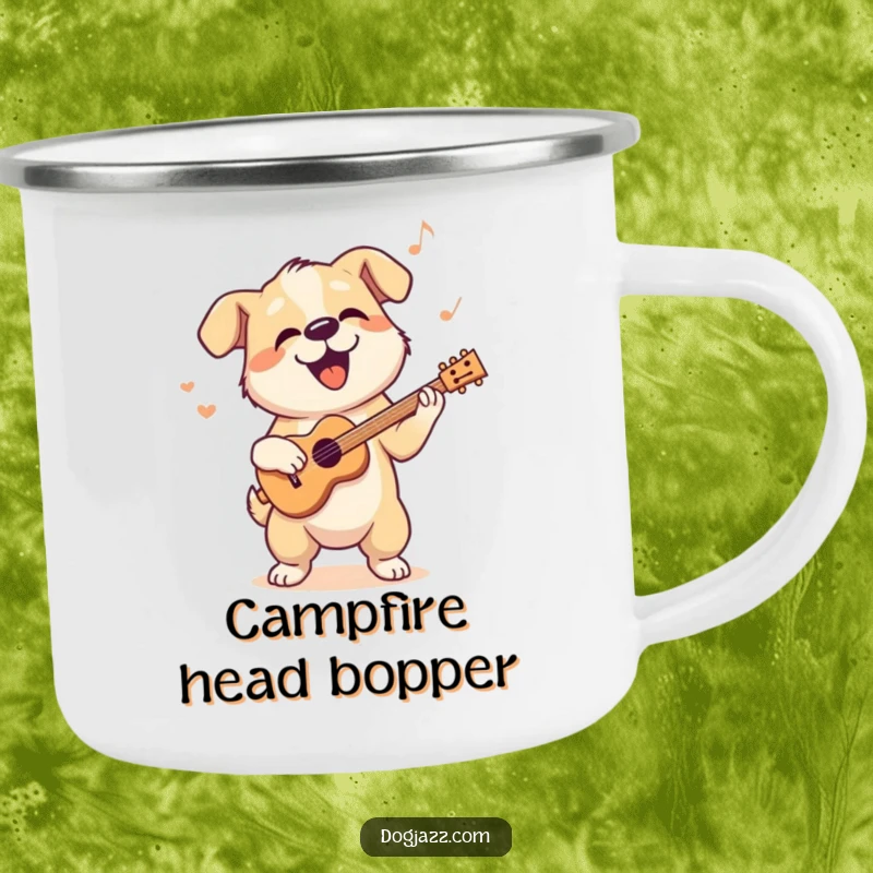 Funny camping mug with a dog character bopping its head to a cool jazz rhythm, outdoor humor.