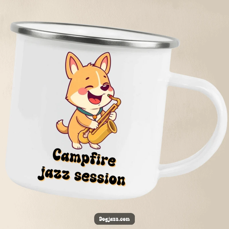 Funny camping mug with a happy dog character playing a saxophone with a wide grin, outdoor humor.