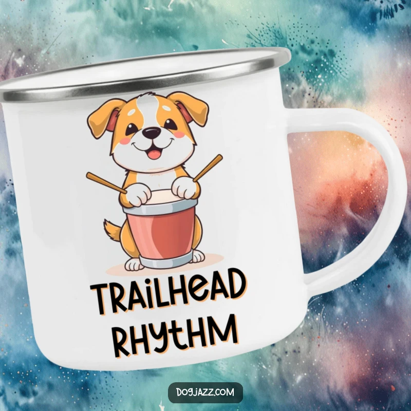 Funny Dog Camping Mug: A dog energetically plays drums in a rustic setting, perfect for outdoor music lovers.