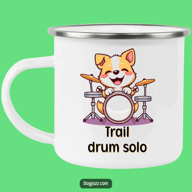 Funny Dog Drummer Camping Mug - Joyful Pup Outdoor Rhythm Gift
