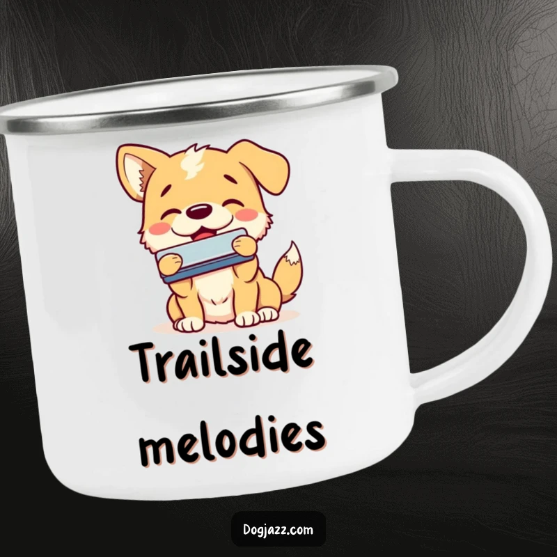 Funny dog camping mug with a happy dog enthusiastically playing the harmonica with a smile, perfect for musical adventurers.