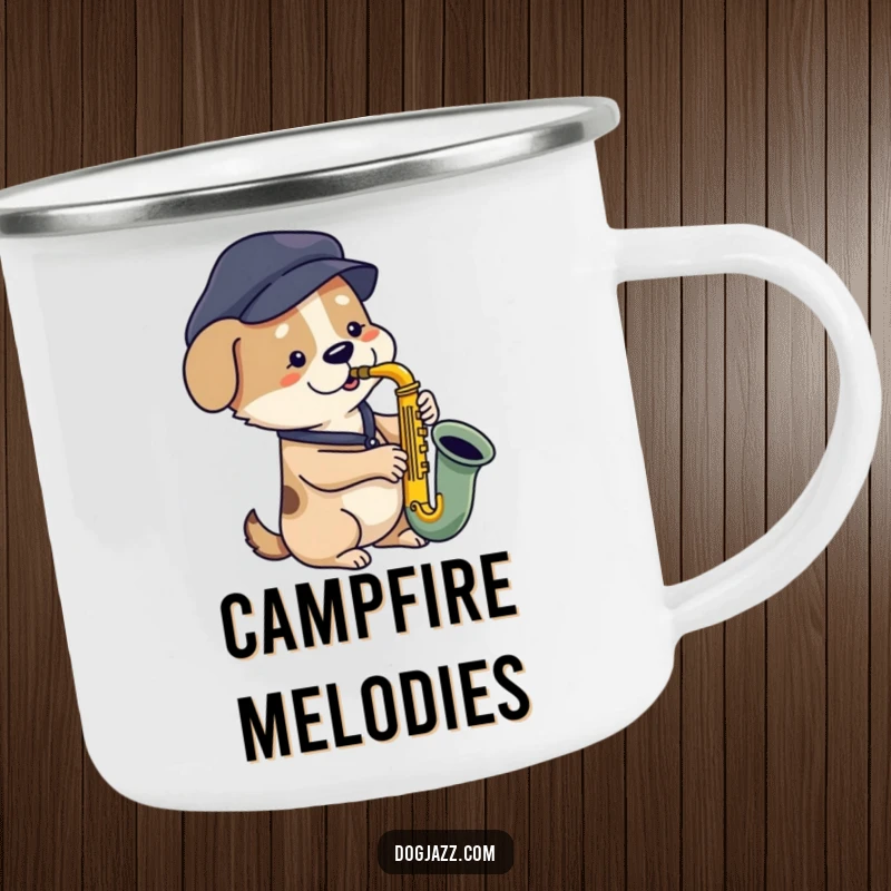 Funny dog saxophone camping mug with a cool dog playing jazz, durable for outdoor adventures, unique funny gift.