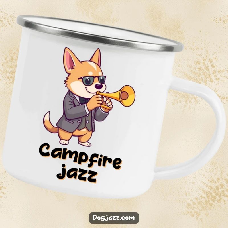 Funny dog trumpet camping mug with a dapper dog playing jazz, durable for outdoor adventures, unique funny gift.
