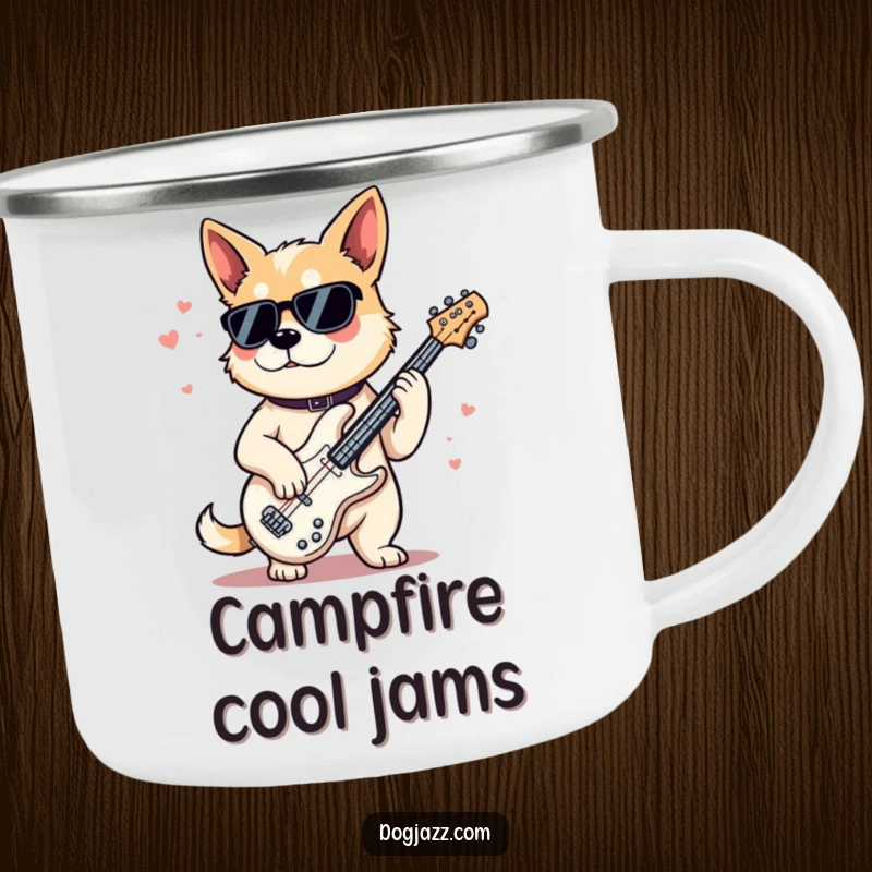 Funny Camping Mug featuring a cool dog playing a jazz bass, designed for a smooth musical experience during outdoor excursions.
