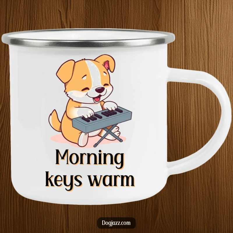 Funny camping mug with a determined cartoon dog typing on a keyboard, built for outdoor focus.
