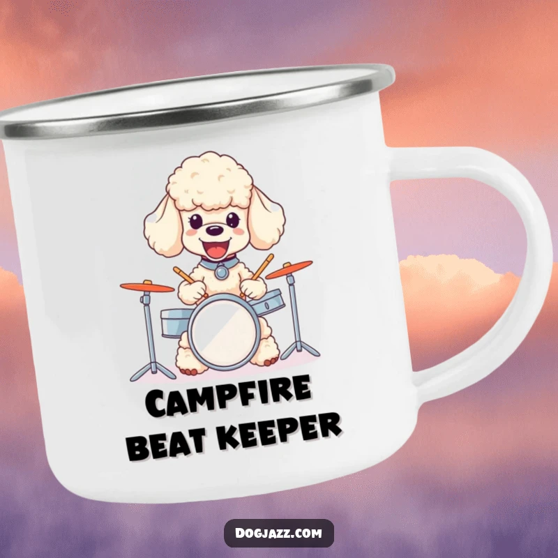 Funny poodle camping mug featuring a joyful dog enthusiastically playing a small drum set in a natural setting.