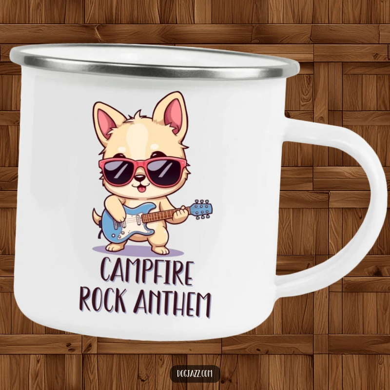 Funny rocker dog camping mug, sunglasses on, playing electric guitar near a campfire, radiating cool energy.